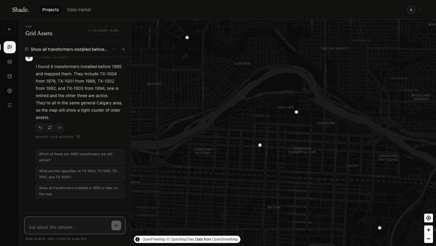 Shade answering a question about transformers, with results on a map